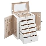 SONGMICS Schmuckkasten, große Schmuckschatulle mit 6 Ebenen, Schmuckkästchen mit seitlichen Klapptüren, Schubladen, Spiegel und Verschluss, für Ringe, Ohrringe, weiß JBC152W01