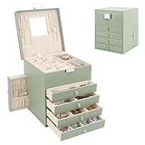 Schmuckkästchen mit 6 Schubladen, Große PU Schmuckkasten 5 Ebenen mit Seitlichen Schubladen und Spiegel, Schmuckbox für Ringe, Ohrringe, Armbänder, Halsketten, Avocadogrün