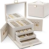 Vlando Schmuckkasten Schmuckbox Groß mit 4 Ebenen, Schmuckschatulle PU Leder, Schmuckkästchen mit Spiegel und Schubladen, Schmuck Organizers, Innenfutter aus Samt, Hellgelb